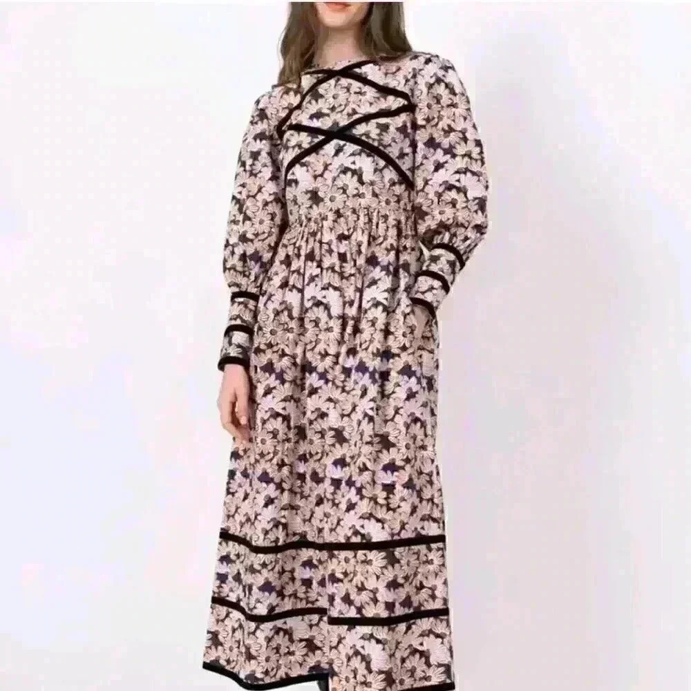 $350 Batsheva Midi Dress Womens 0 Clemmie  Floral Cottagecore Coquette Prairie